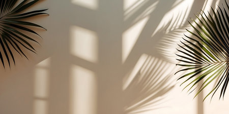 Tropical palm leaves shadow on white wall background. Summer concept.の素材