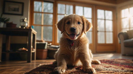 Cute Golden Retriever puppy sitting on the floor at homeの素材