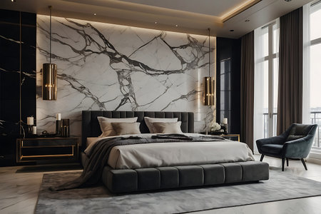 Luxury bedroom interior design with marble and gold decor. 3d renderingの素材