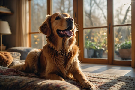 Cute Golden Retriever dog lying on the bed at homeの素材
