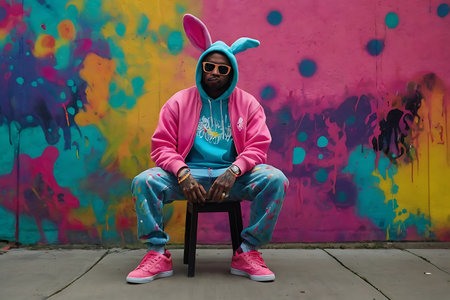 Young african american man in a pink hoodie and sunglasses sitting on a stool against a graffiti wallの素材