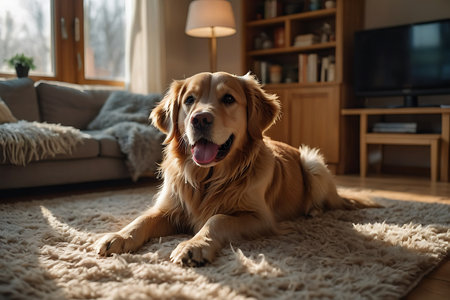 Cute golden retriever dog lying on carpet in living room at homeの素材