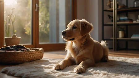 Cute Golden Retriever puppy sitting on the floor at homeの素材
