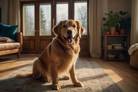 Golden Retriever dog sitting on the floor in the living roomの素材