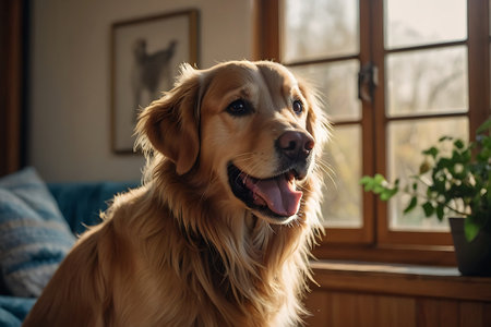 Cute Golden Retriever sitting on the windowsill in the morningの素材