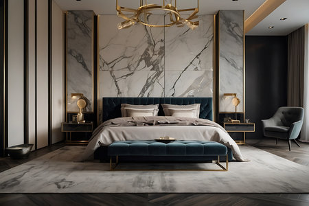 Luxury bedroom interior with a marble wall, a bed with a blue blanket and a gold lamp. 3d rendering mock upの素材