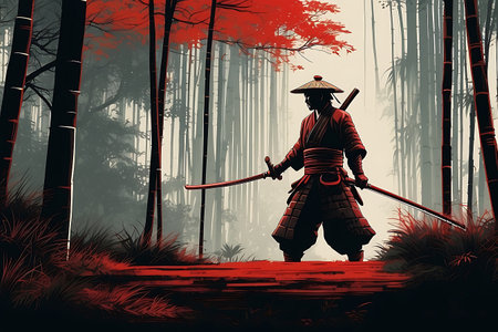 Samurai in traditional costume with sword in the forest. Vector illustration.の素材