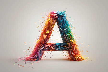 Colorful letter A uppercase with confetti. 3D renderingの素材
