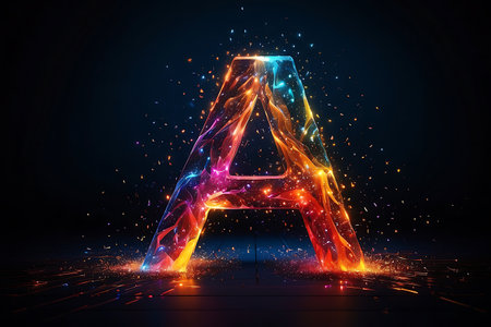 Glowing letter A on a dark background. 3D Renderingの素材