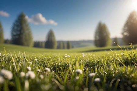 Beautiful green meadow with dandelions and pine trees in the backgroundの素材