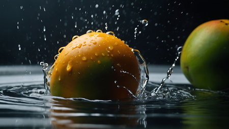 Ripe mango in water splashes on a dark background closeupの素材