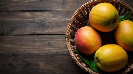 Fresh peaches in a wicker basket on a wooden background.の素材
