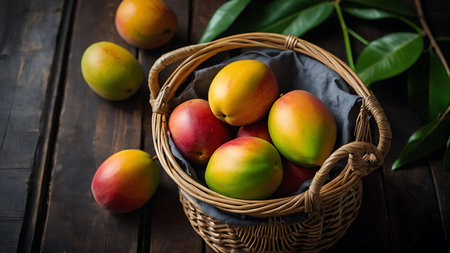Ripe mangoes in a basket on a dark wooden background.の素材