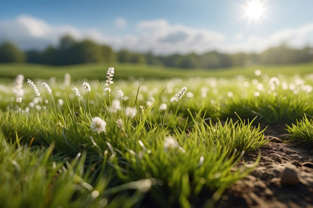 Close-up of green grass and white flowers in sunny meadowの素材
