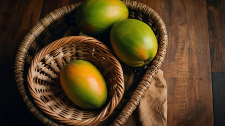 Ripe mangoes in a basket on a dark wooden background.の素材