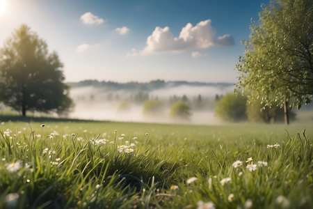 Morning fog in the meadow with daisies. Spring landscape.の素材