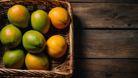 Ripe mangoes in a basket on a wooden background. Selective focus.の素材
