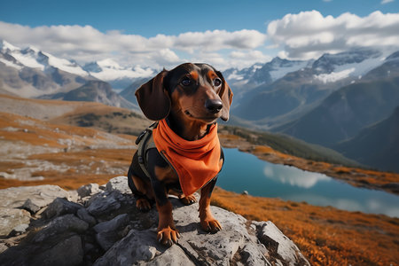 Dachshund dog standing on the edge of a cliff with mountains in the backgroundの素材