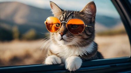 Portrait of a cat in sunglasses on the background of mountains.の素材