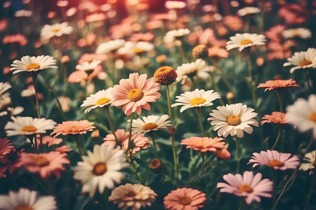 Colorful daisies in the garden with retro filter effect.の素材