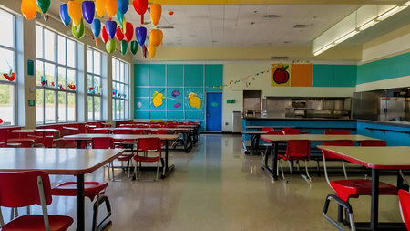 Colorful interior of a children's classroom with red chairs and tablesの素材