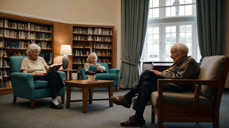 Elderly couple sitting in armchairs and reading book in libraryの素材