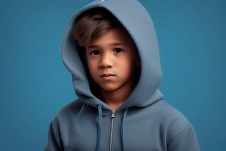 Portrait of a boy in a blue hooded sweatshirt.の素材