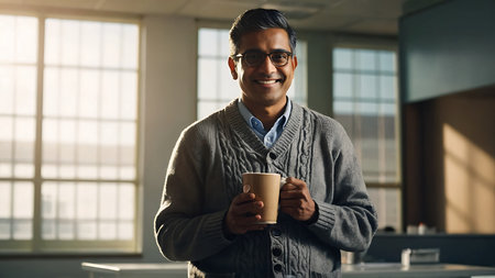 Portrait of young Indian man holding cup of coffee while standing in officeの素材