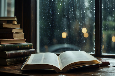 Books on a wooden table in front of a window with rain dropsの素材
