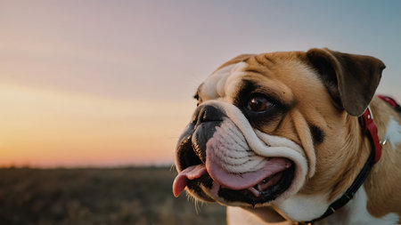 Portrait of a cute dog - english bulldog on sunset backgroundの素材