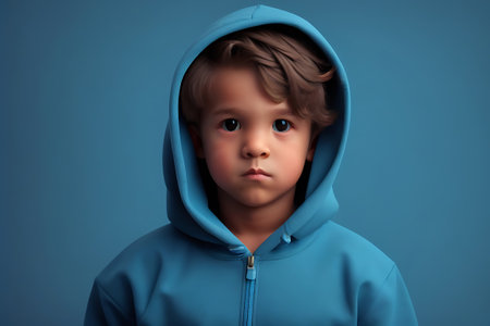 Portrait of a cute little boy in a blue hoodie.の素材