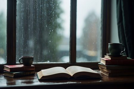 Books and a cup of coffee on the windowsill in rainy weatherの素材