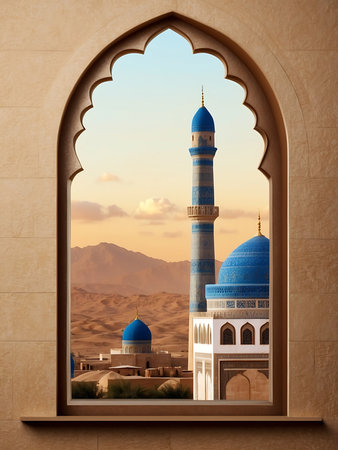 View of the mosque in the middle of the desert. 3d renderingの素材