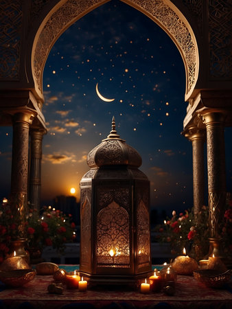 Ramadan Kareem greeting card with arabic lantern and crescent moonの素材