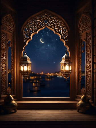 Ramadan Kareem greeting card. Arabic lanterns on the background of the night cityの素材