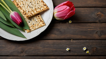 Jewish holiday Passover background with matzah, tulips and flowersの素材