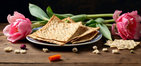 Biscuits with crackers and tulips on a wooden backgroundの素材