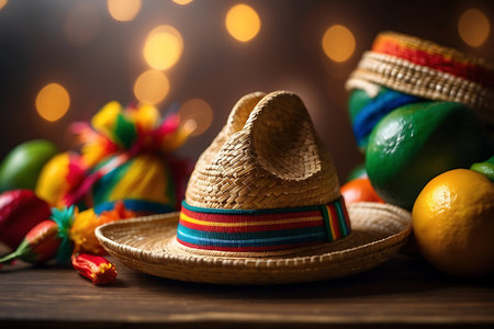 Mexican hat and maracas on wooden table, selective focus.の素材