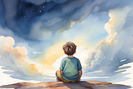 Boy sitting on a cliff and looking at the sky with clouds.の素材