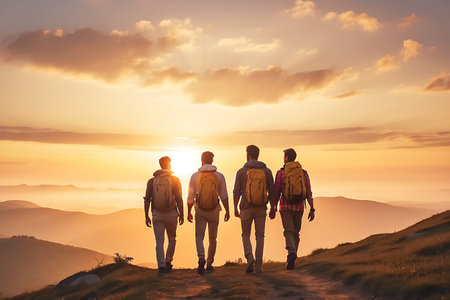 Group of friends with backpacks walking on a mountain trail at sunsetの素材
