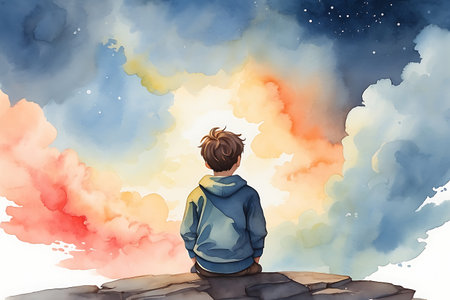 Illustration of a little boy sitting on a rock and looking to the skyの素材
