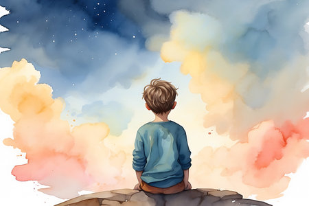 Boy sitting on the rock and looking at the sky. Watercolor illustrationの素材