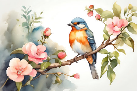 Watercolor illustration of a bird sitting on a branch with flowers.の素材