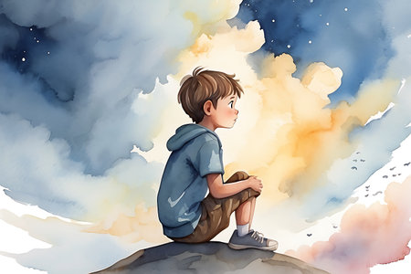 Little boy sitting on a rock and looking at the sky with cloudsの素材