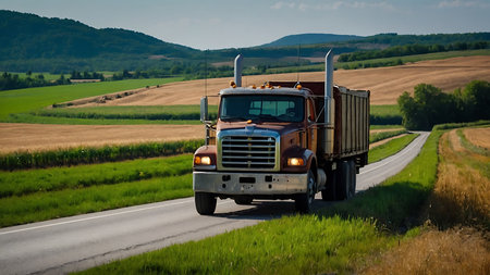 Big truck on the road in the middle of the green field.の素材