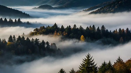 Morning fog in the Carpathian mountains, Ukraine, Europe.の素材
