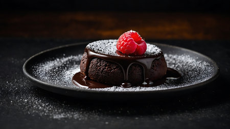 Chocolate cake with raspberries on a black plate on a dark backgroundの素材