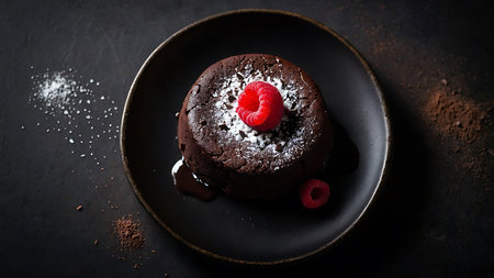Chocolate lava cake with raspberries on a black background.の素材
