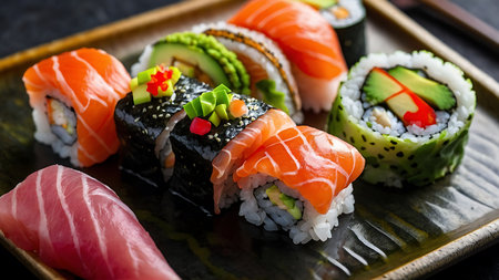 Sushi roll set with salmon, tuna, avocado and cucumberの素材