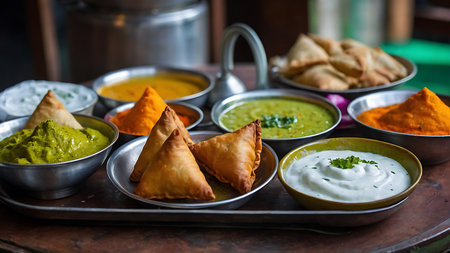 Indian food, Assorted Indian snacks and appetizers in metal bowlsの素材